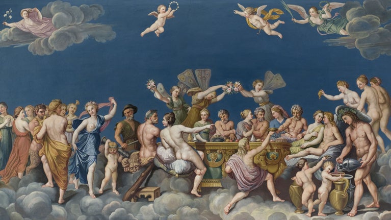 The painted ceiling depicts various Gods of antiquity in varying degrees of undress, dining and carousing around a gilt gold table, attended to by cherubs. Painted by Giuseppe Borgnis it is based on the Banquet of the Gods at the Villa Farnesina by Raphael.